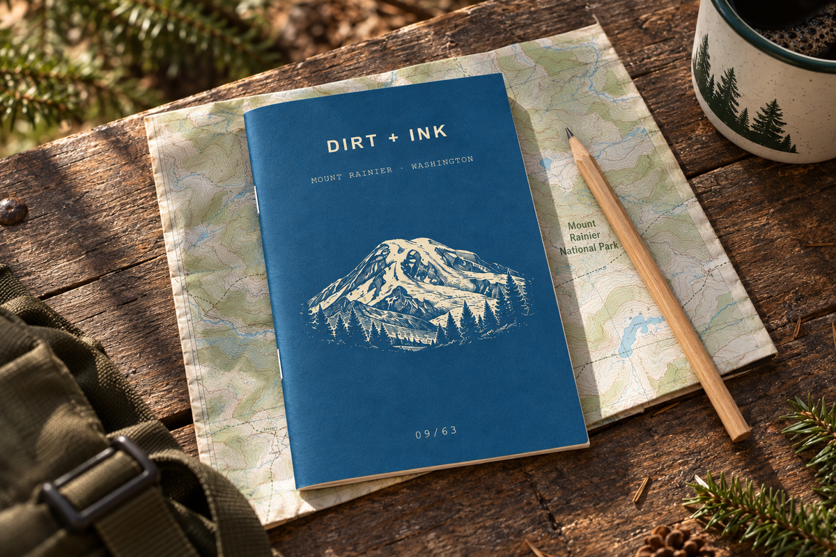 Blue Mount Rainier DIRT + INK pocket journal beside a map, pencil and camp mug on a wooden table