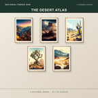 The Desert Atlas five framed posters shown together: Grand Canyon, Petrified Forest, Saguaro, Joshua Tree, Death Valley