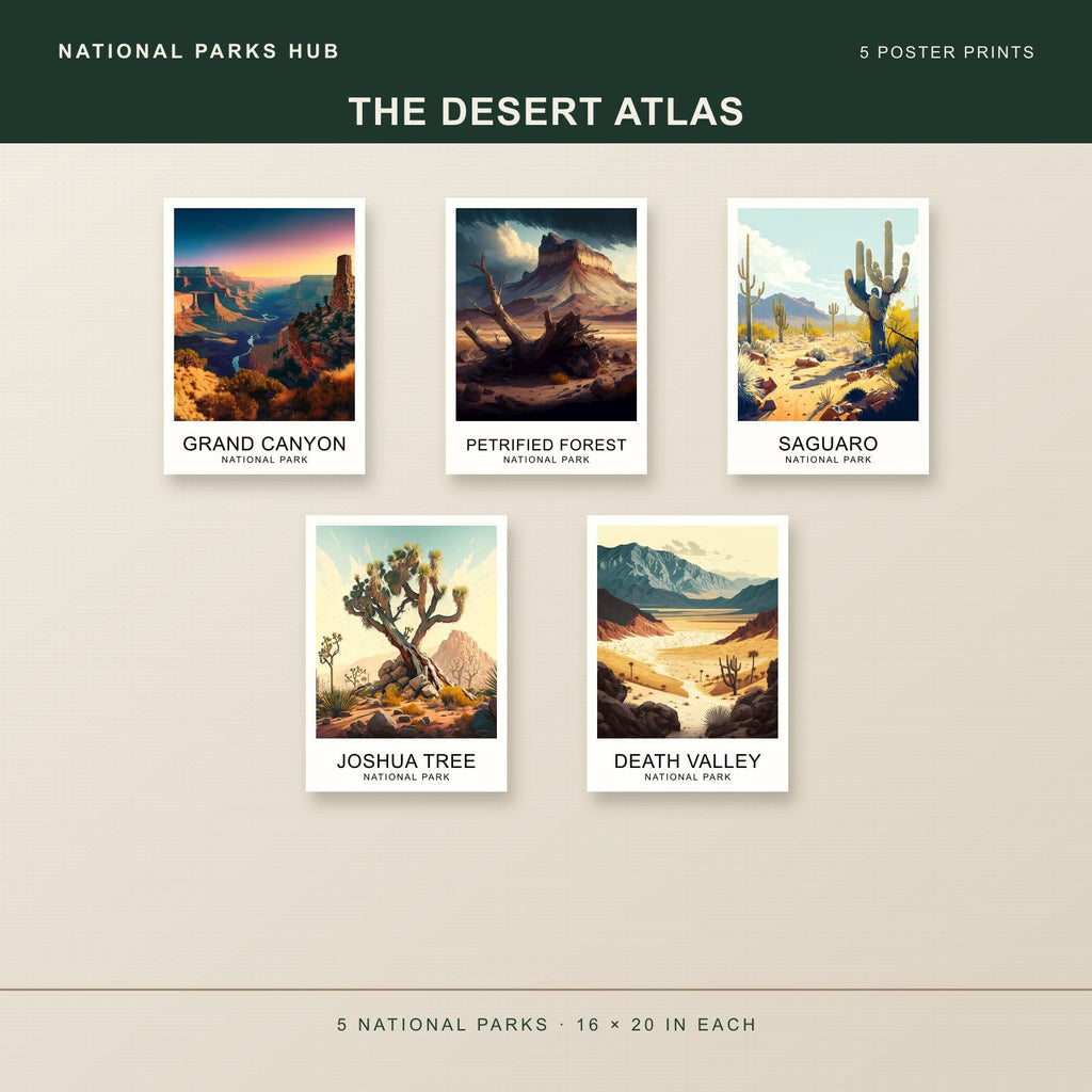 The Desert Atlas five unframed posters shown together: Grand Canyon, Petrified Forest, Saguaro, Joshua Tree, Death Valley