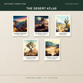 The Desert Atlas five unframed posters shown together: Grand Canyon, Petrified Forest, Saguaro, Joshua Tree, Death Valley
