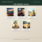 The Desert Atlas five unframed posters shown together: Grand Canyon, Petrified Forest, Saguaro, Joshua Tree, Death Valley