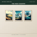 The High Country three framed posters shown together: Yellowstone, Grand Teton, Glacier