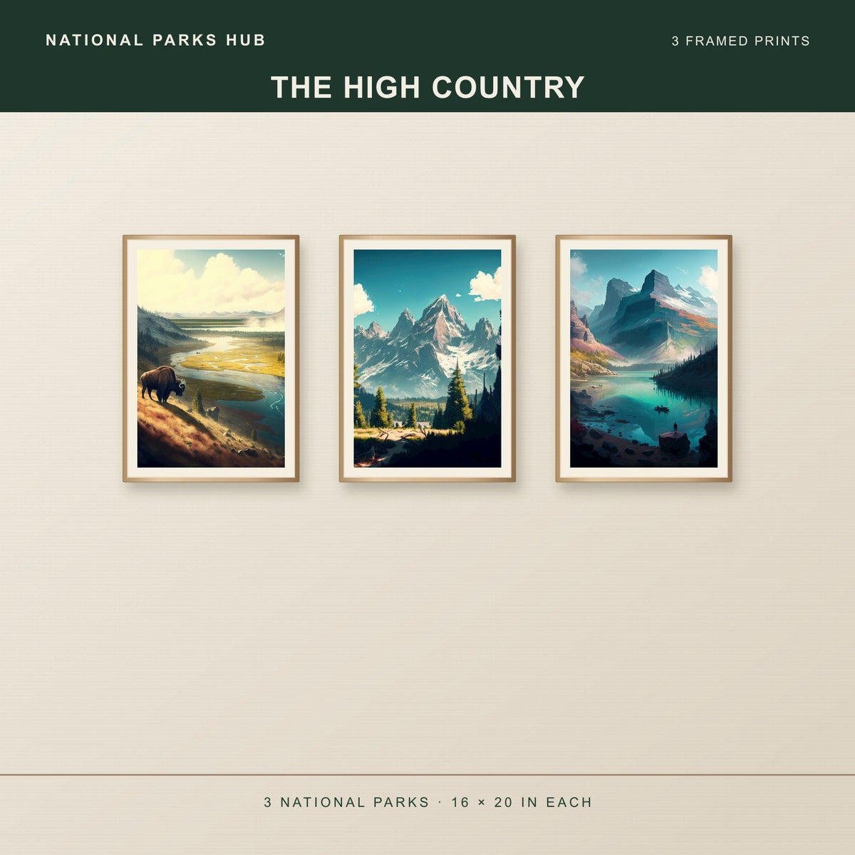 The High Country three framed posters shown together: Yellowstone, Grand Teton, Glacier