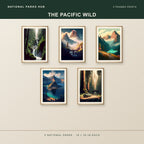 The Pacific Wild five framed posters shown together: Olympic, Mount Rainier, North Cascades, Crater Lake, Redwood