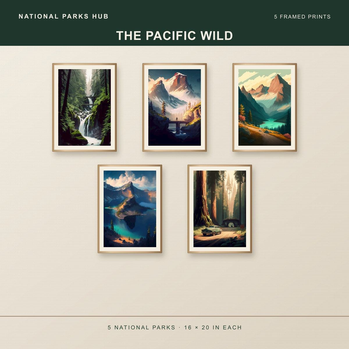 The Pacific Wild five framed posters shown together: Olympic, Mount Rainier, North Cascades, Crater Lake, Redwood