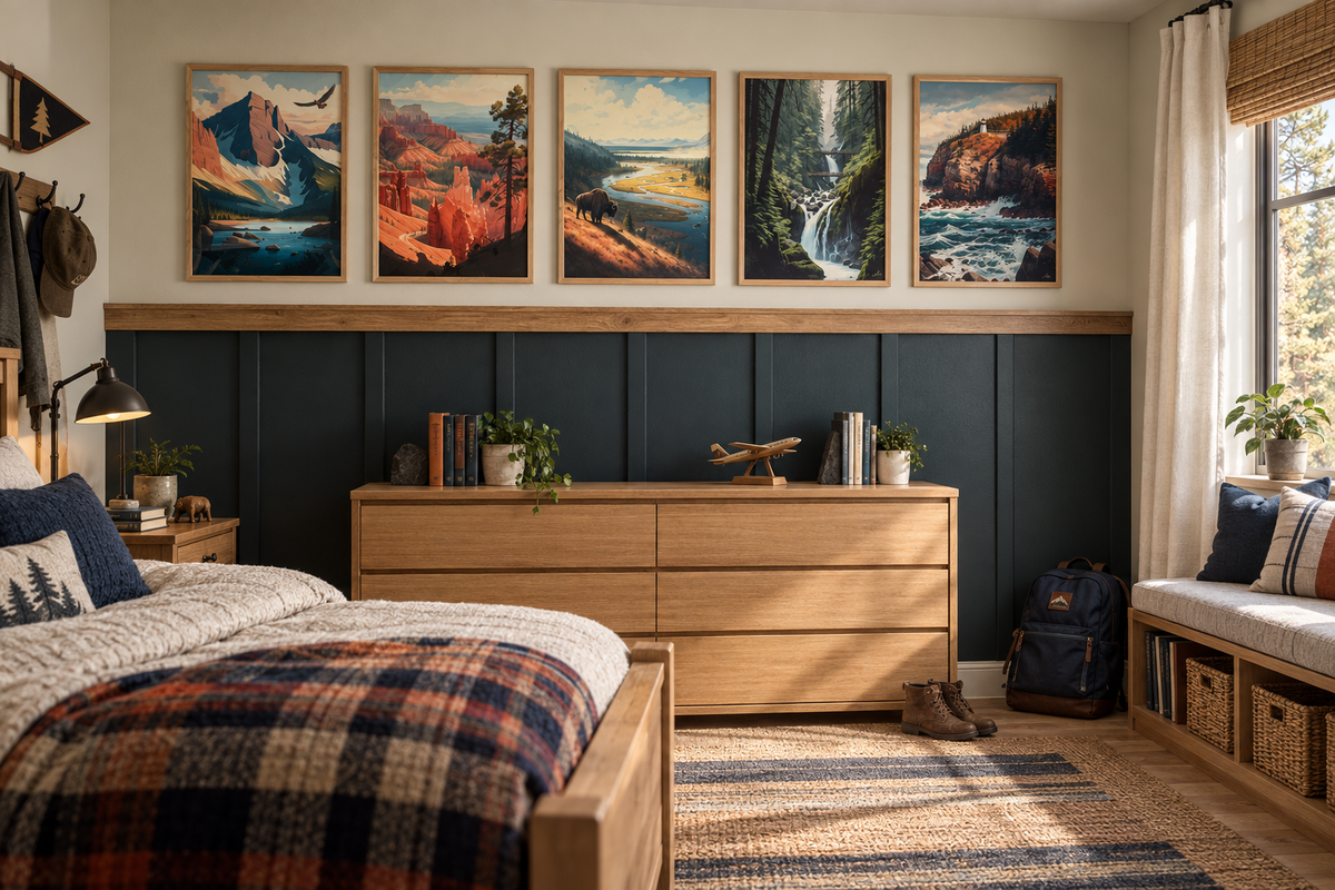 Adventure-inspired bedroom with oak furniture and five framed national park prints