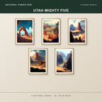 Utah Mighty Five framed posters shown together: Arches, Bryce Canyon, Canyonlands, Capitol Reef, Zion