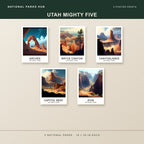 Utah Mighty Five unframed posters shown together: Arches, Bryce Canyon, Canyonlands, Capitol Reef, Zion
